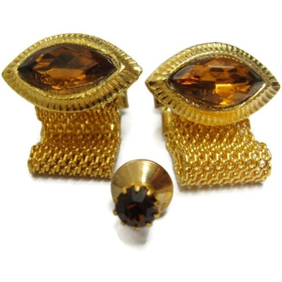 Mesh Cufflinks Tie Tack Set Paris Gold Tone Wedding Accessories Vintage - Picture 15 of 16